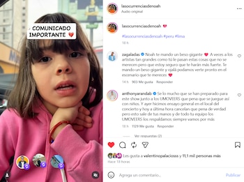 Una niña con cabello oscuro y sudadera rosa habla a cámara. Un cartel blanco con texto rojo dice 'COMUNICADO IMPORTANTE'. Interfaz de red social