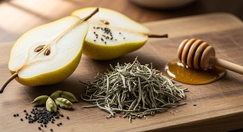 Tabla de madera con hojas de té blanco secas, una pera amarilla cortada por la mitad, vainas de cardamomo, semillas negras y miel con un dipper de madera.