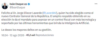 Iván Duque destaca el respaldo al nuevo contralor y pide modernizar el control fiscal con tecnología - crédito @IvanDuque/X