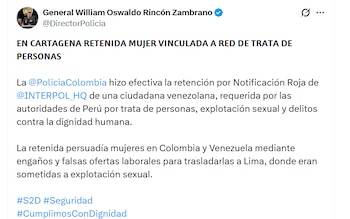 Reporte oficial de la Policía colombiana tras la captura de la importante ficha de la red criminal - crédito X