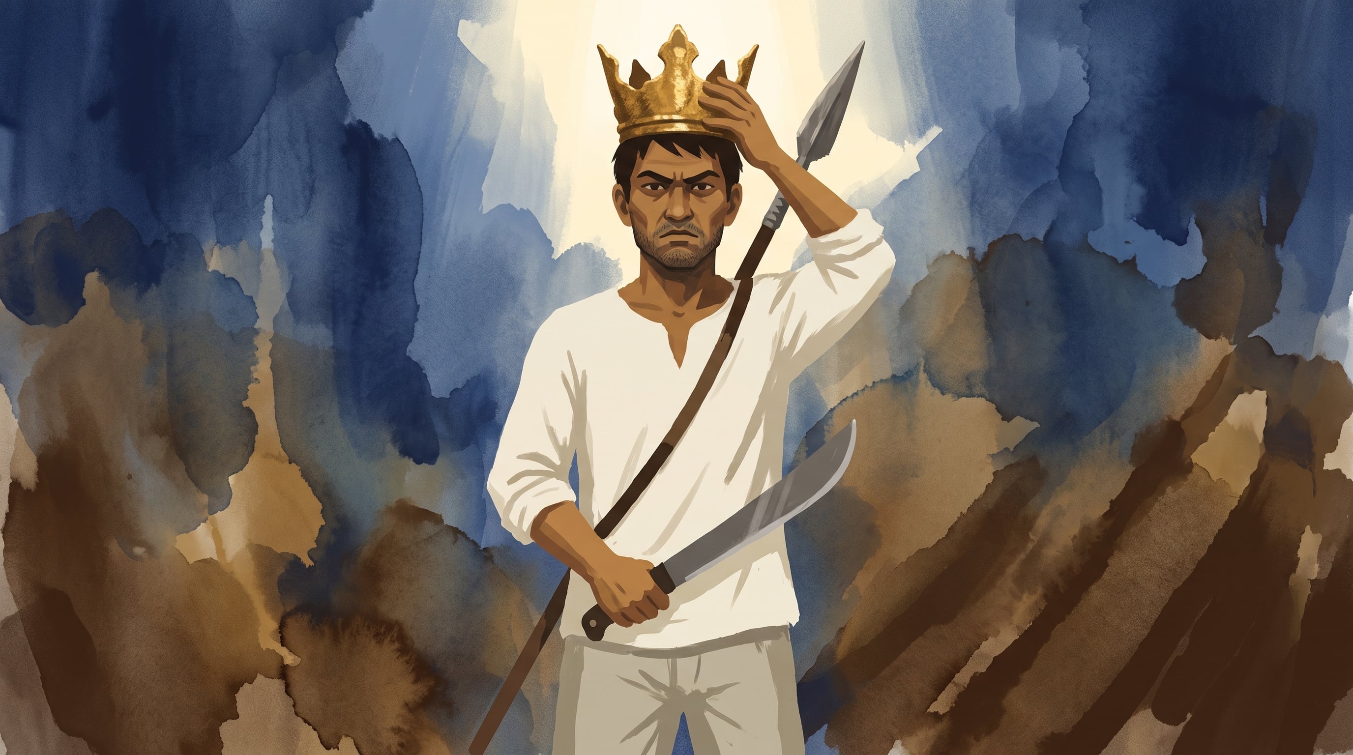 Anastasio Aquino, de pie, sostiene un machete y una lanza, mientras se coloca una corona rústica sobre la cabeza, en una ilustración conceptual sobre fondo abstracto que evoca campos y añileras. (Imagen Ilustrativa Infobae)