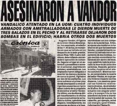 La tapa del diario Crónica que daba cuenta del crimen de Vandor en la sede de la UOM de Parque Patricios