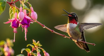 Colibrí de garganta roja con pico abierto y alas extendidas, posado en una rama con gotas de agua, junto a flores de fucsia rosadas y moradas.