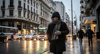 Hombre con abrigo negro, bufanda gris y gorro en una calle mojada de ciudad con tráfico y edificios, exhalando vaho en el aire frío.