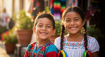 Un niño y una niña mexicanos sonríen a cámara, el niño con una camisa bordada azul y la niña con una blusa bordada blanca y trenzas con cintas de colores.