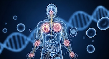 Silueta humana transparente que muestra órganos internos como cerebro, corazón y sistema digestivo con conexiones brillantes. Cadenas de ADN y células flotantes en un fondo azul oscuro.