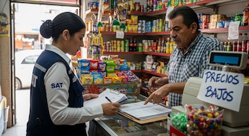 Mujer con uniforme del SAT examinando documentos con un hombre en una tienda de abarrotes. Hay un mostrador con productos y estantes llenos de mercancía.
