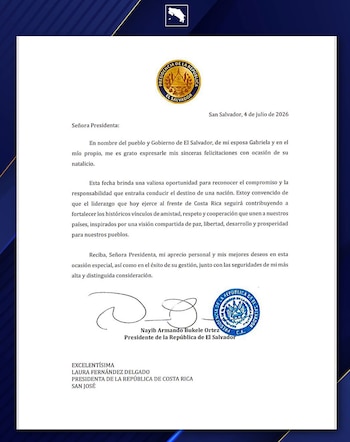 Carta enviada por Bukele a la mandataria costarricense. Crédito: Presidencia de la República