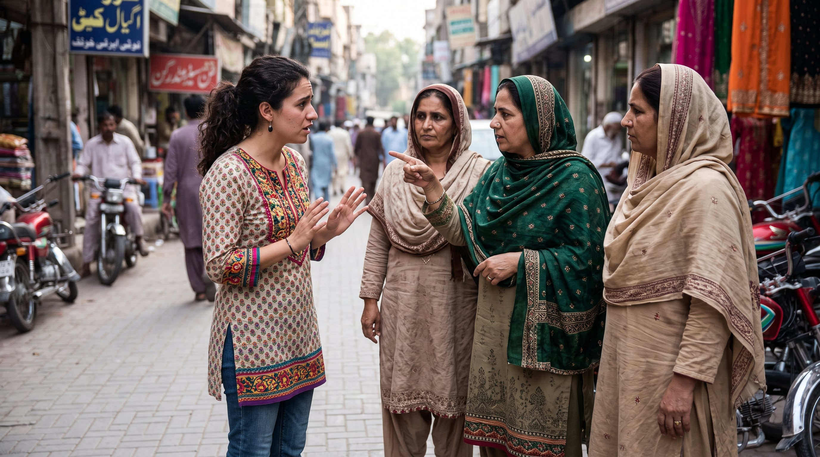 Tres mujeres paquistaníes confrontan a una joven mexicana por no llevar la cabeza cubierta en una calle de Pakistán. (Imagen Ilustrativa Infobae)