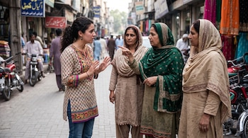 Una mujer joven con túnica gesticula frente a tres mujeres con vestidos tradicionales y velos que la señalan en una calle de Pakistán.