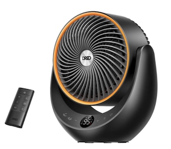 Calefactor eléctrico circular de color negro con aro naranja y pantalla digital, acompañado por un control remoto