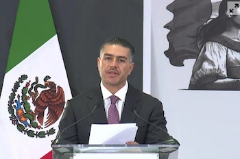 El secretario de Seguridad, Omar García Harfuch, durante la reunión del Gabinete de Seguridad con la gobernadora interina de Sinaloa, este lunes. (Crédito: captura de pantalla | Gobierno de México)