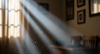 Rayos de luz atraviesan una ventana con cortinas claras, iluminando un sinfín de partículas blancas que flotan en el aire oscuro de una habitación con muebles desenfocados.