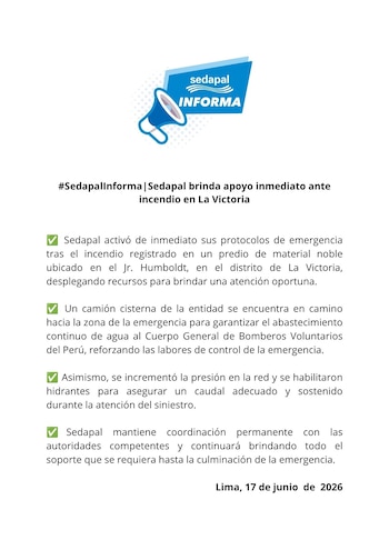 Logotipo de Sedapal Informa con un megáfono azul y blanco, sobre un fondo blanco, acompañado de texto que detalla el apoyo de Sedapal en un incendio
