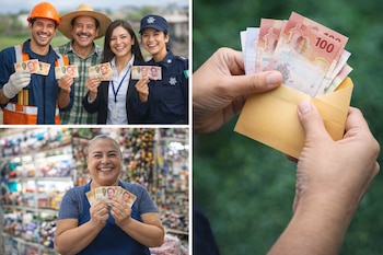 Collage de cuatro imágenes. Arriba, grupo de trabajadores sonriendo con billetes. Abajo izquierda, mujer sonriente con billetes. Abajo derecha, manos metiendo billetes en un sobre.