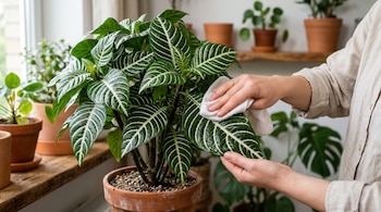 Dos manos limpian con un paño blanco una hoja veteada de una planta cebra sembrada en una maceta de terracota.