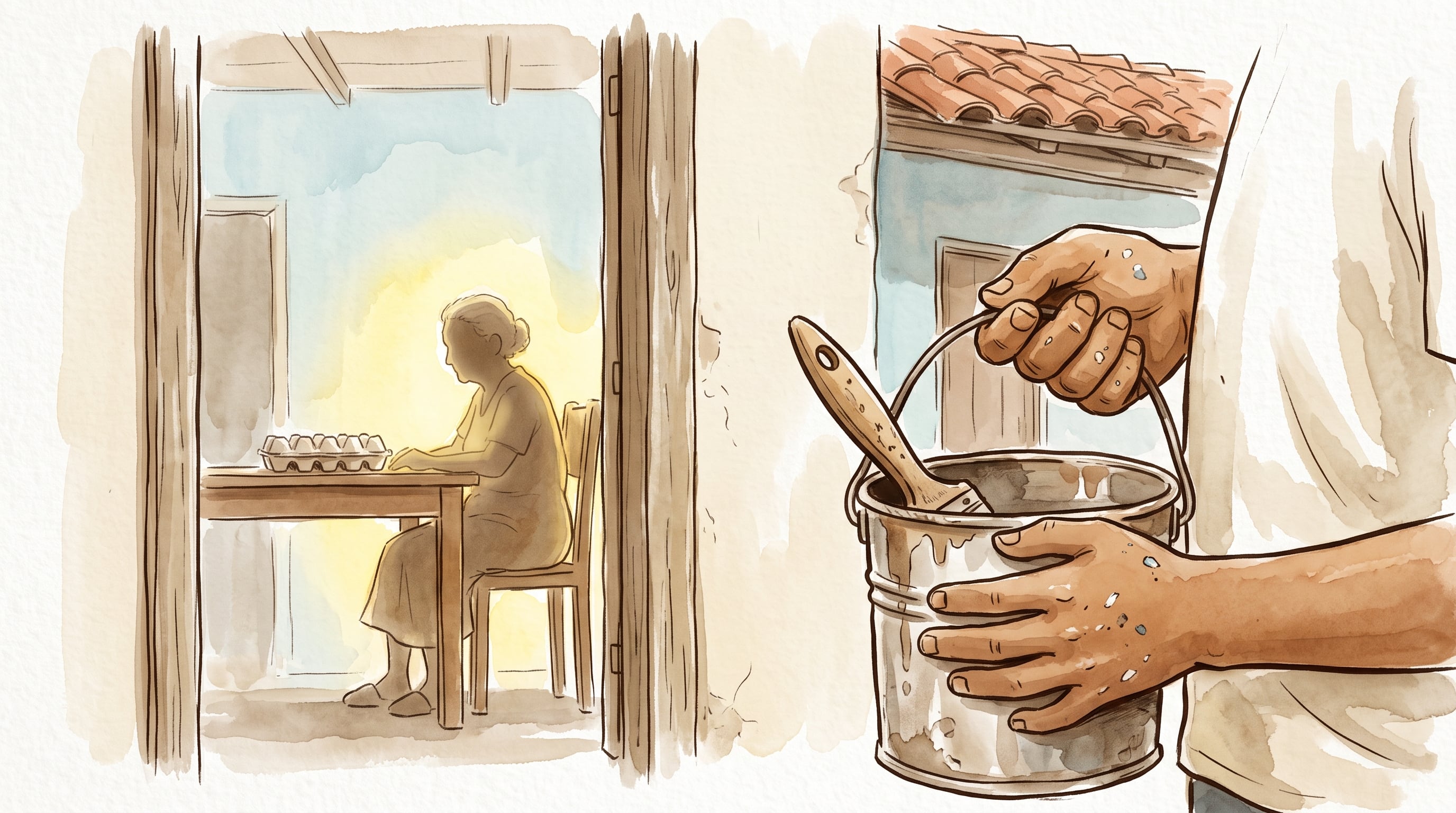Las manos de un niño sostienen una cubeta de pintura frente a una vivienda en Cuba donde una mujer mayor se sienta junto a un cartón de huevos. (Imagen Ilustrativa Infobae)