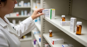 Primer plano de una persona con bata blanca que alcanza una caja de medicamento en una estantería con varias cajas y frascos.