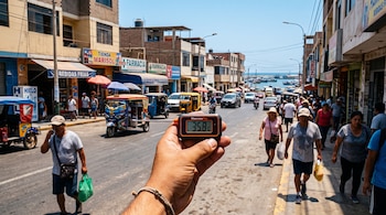 Una mano sostiene un termómetro digital que marca 35,8 °C en una calle con peatones, mototaxis, tiendas y el mar al fondo