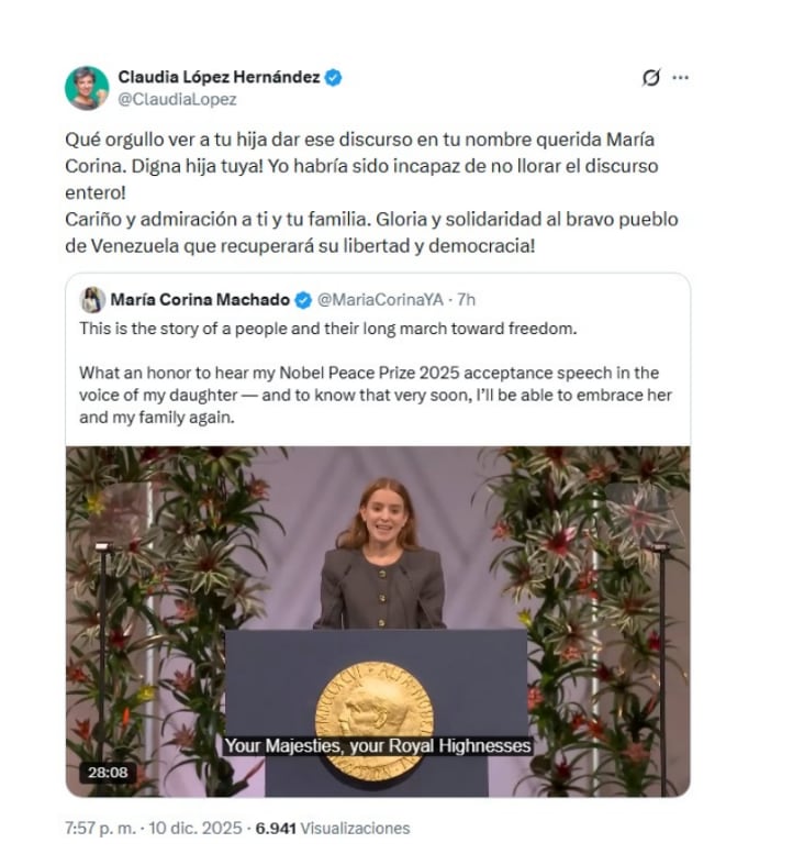 Claudia López expresó su admiración por Ana Corina Sosa, que recogió el Premio Nobel en nombre de su madre, María Corina Machado - crédito @CaludiaLopez/X