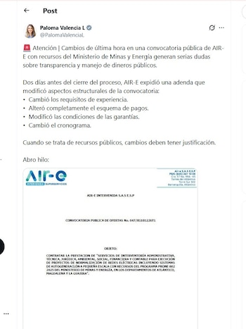 Paloma Valencia aseguró que los recursos involucrados pertenecen al Ministerio de Minas y Energía y solicitó mayor transparencia en el proceso de contratación -crédito @PalomaValenciaL/X