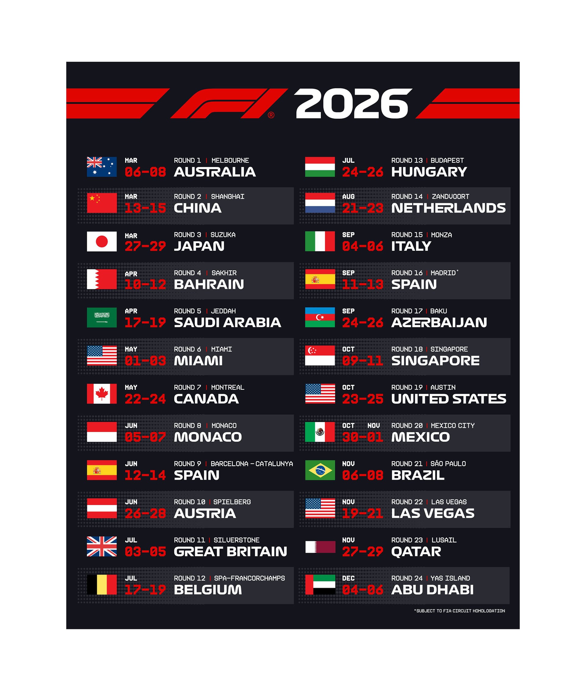 El calendario completo de la temporada 2026 de la Fórmula 1 (@F1)