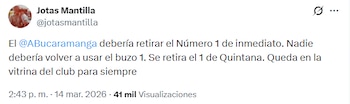 Propuesta de Jotas Mantilla sobre el dorsal utilizado por Aldair Quintana - crédito X