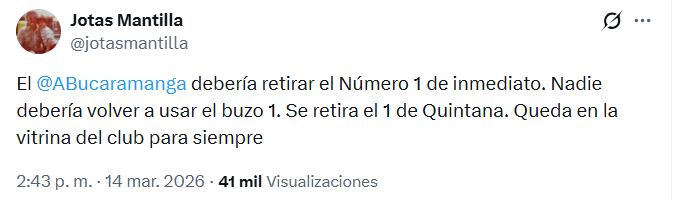 Propuesta de Jotas Mantilla sobre el dorsal utilizado por Aldair Quintana - crédito X/@jotasmantilla