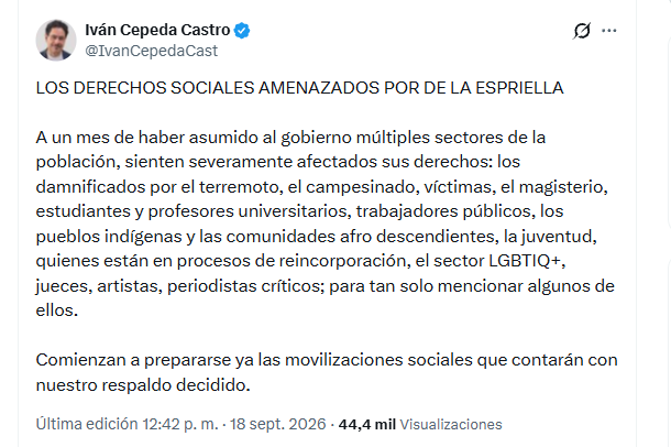 Iván Cepeda Castro señaló al Gobierno de amenazar derechos y anunció respaldo a movilizaciones - crédito @IvanCepedaCast/X