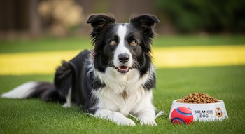 Un border collie blanco y negro acostado en el césped. Junto a él, un plato blanco con comida seca para perros y una pelota roja con azul.