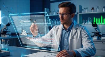 Hombre con gafas y bata de laboratorio interactúa con una pantalla holográfica que muestra un artículo científico digital. Al fondo, equipo de laboratorio y frascos.