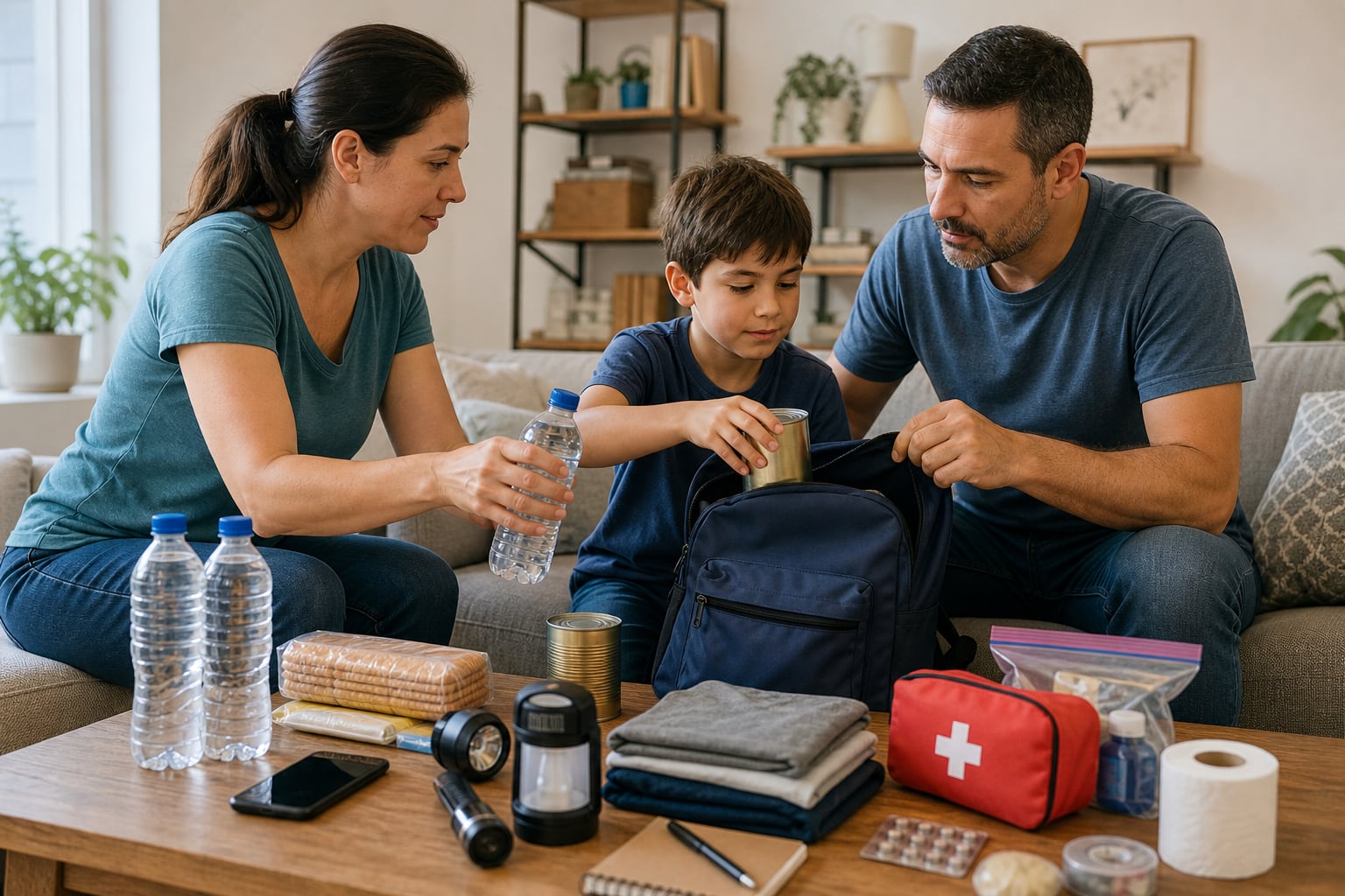 Una familia guarda alimentos, agua y un botiquín de primeros auxilios en una mochila de emergencia en el salón de su hogar. (Imagen Ilustrativa Infobae)