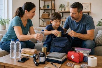 Un hombre, una mujer y un niño guardan latas de comida y agua en una mochila azul junto a una mesa con un botiquín y linternas.