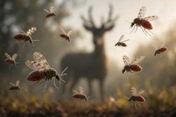 Insectos diminutos con abdomen abultado y alas transparentes vuelan en primer plano ante la silueta desenfocada de un ciervo.