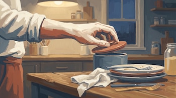 Pintura digital de una mano adulta apoyando una tapa terracota sobre un recipiente azul pizarra en una cocina. Platos sucios, cubiertos y una servilleta se ven en la mesada.