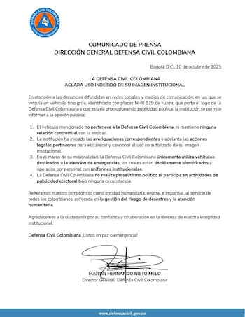 Comunicado de prensa de la Defensa Civil Colombiana - crédito Defensa Civil