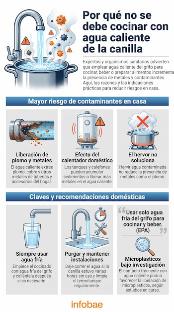 Ilustración de canilla vertiendo agua en olla hirviendo, símbolos de riesgo, cañería oxidada, termotanque, olla tachada, vaso de agua fría, grifo con herramientas, lupa y texto.