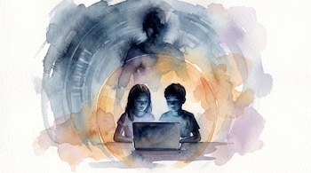 Ilustración acuarela: dos niños frente a una laptop con pantalla azul, una silueta adulta oscura detrás y un círculo semitransparente ocre que los rodea.