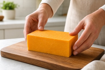 Dos manos sujetan un bloque rectangular de queso cheddar sobre una tabla de madera en el mostrador de una cocina.