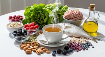 Una mesa blanca con té humeante, lechuga, pescado, aceite de oliva, un modelo de cerebro, frutos rojos, arándanos, almendras, nueces, frijoles y semillas.