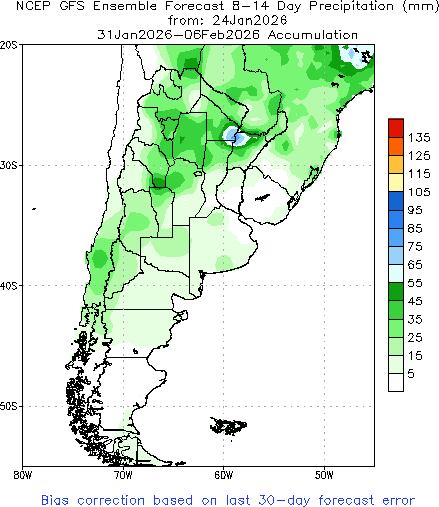 Los modelos utilizados por la NOAA estadounidense muestran 8-14 días un volumen de lluvias que no alcanzarían para enmendar la situación en la zona productiva más importante del país (NOAA)