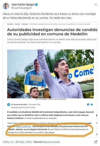 Juan Carlos Upegui candidato a la Alcaldía de Medellín reacciona los planes de atentar contra la vida de Federico Gutiérrez
