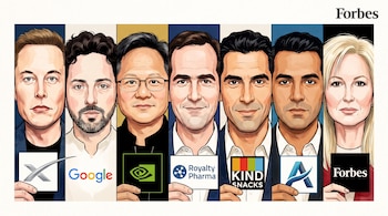 Siete bustos ilustrados de personas. Logotipos de SpaceX, Google, Nvidia, Royalty Pharma, KIND Snacks y Forbes.