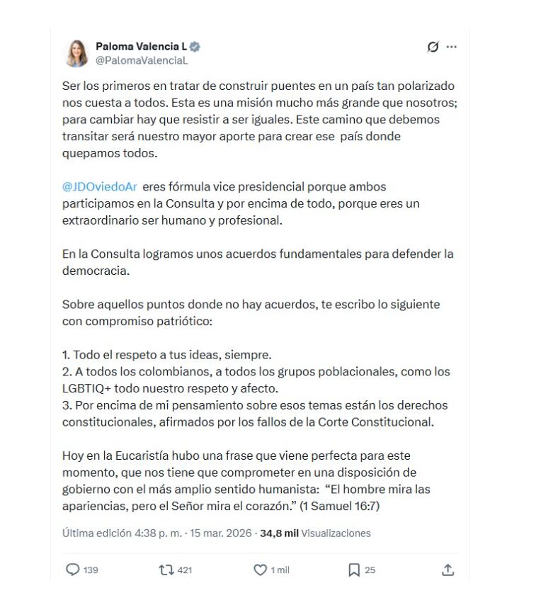 Con ese mensaje en X, la senadora Paloma Valencia salió en defensa de su fórmula vicepresidencial Juan Daniel Oviedo - crédito @PalomaValenciaL/X