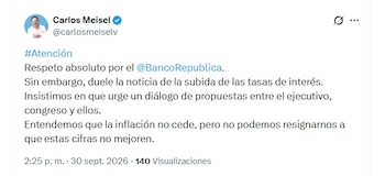El senador Carlos Meisel manifestó su respeto por la independencia del Banco de la República, pero expresó preocupación por el impacto que puede tener el encarecimiento del crédito - crédito @carlosmeiselv/X