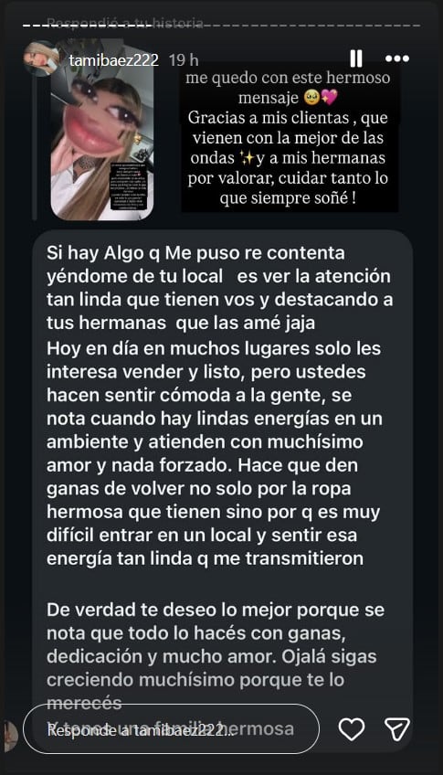 A pesar de las críticas, Tamara Báez priorizó los mensajes positivos y destacó la buena energía y atención en su nuevo local de ropa
