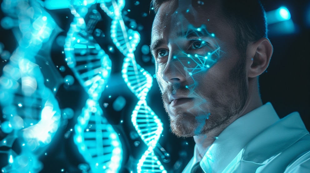 Representación digital de un cerebro y una neurona vinculada con el estudio genético de la ELA