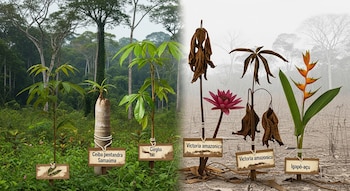 Imagen partida: izquierda selva verde con dos plantas y carteles; derecha paisaje seco con plantas marchitas, una flor rosa y una naranja, con carteles.
