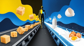 Ilustración de una figura humana dividida en amarillo y azul, flanqueada por una cinta transportadora con cubos de parmesano y otra con leche y huevos flotando.
