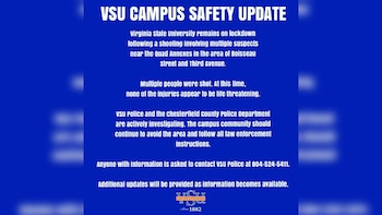 Texto blanco con actualización de seguridad de la Universidad Estatal de Virginia sobre un tiroteo en el campus y un logotipo de la universidad